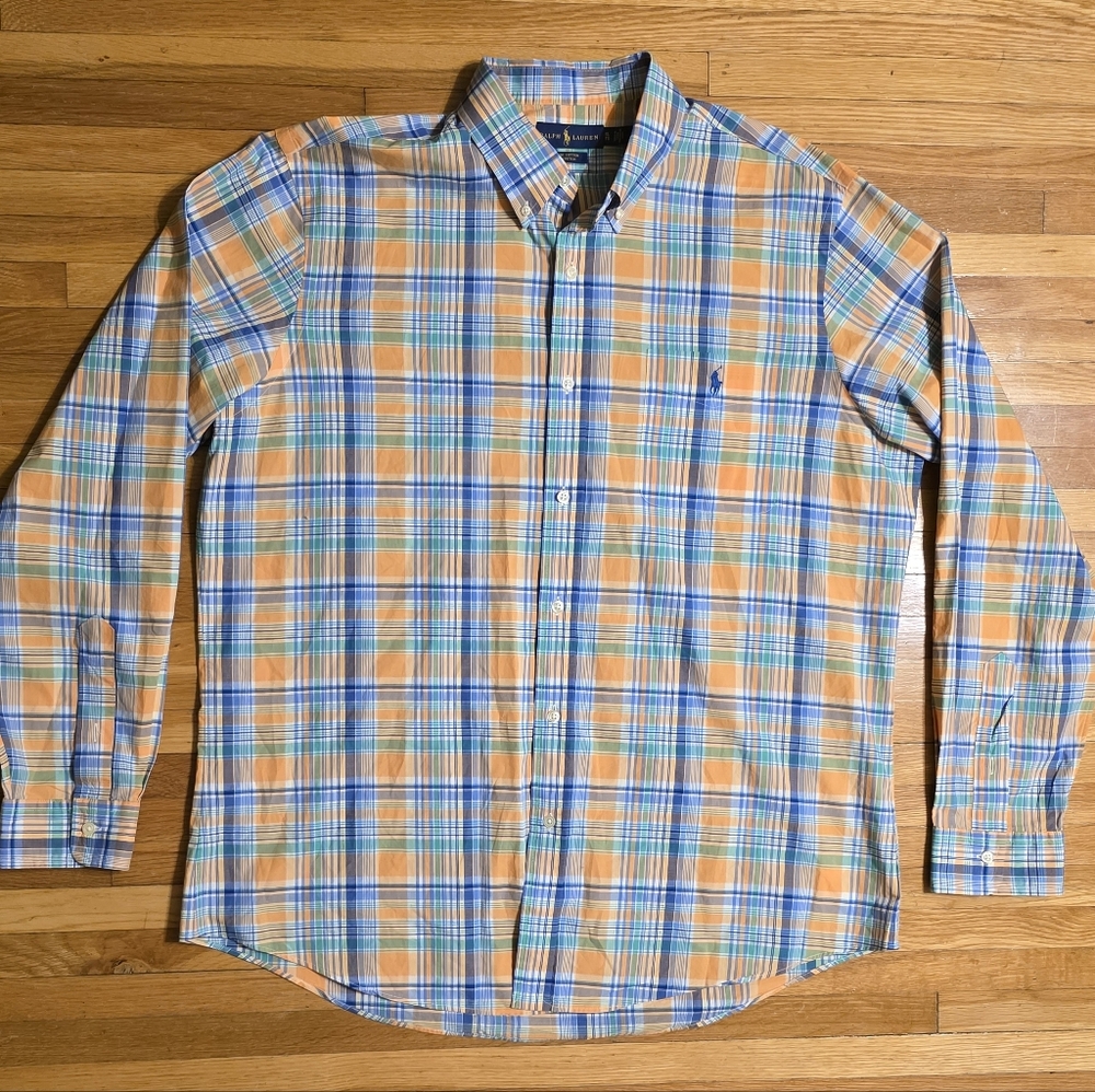 Polo Ralph Lauren Boys Logo Button Down Plaid Shirt Size XL Orange Blue Cruise